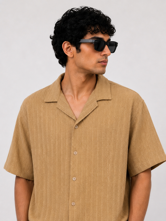 ZARA  TEXTURED CUBAN COLLAR SHIRT (Camel)