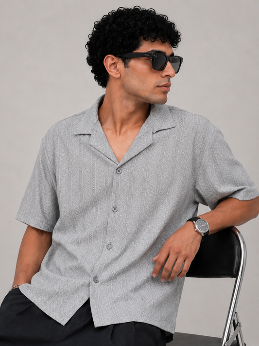 ZARA TEXTURED CUBAN COLLAR SHIRT (Grey)