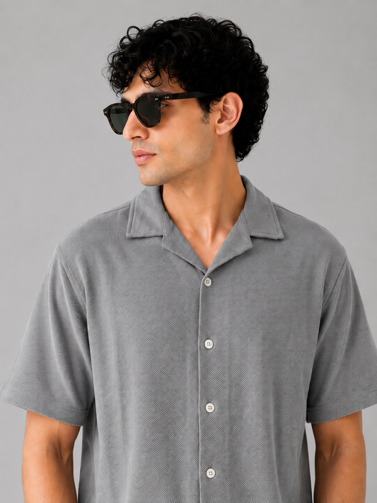 Pull&Bear Textured Resort Shirt (Grey)