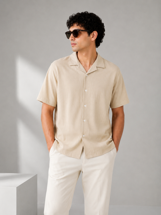 Pull&Bear Textured Resort Shirt (Beige)