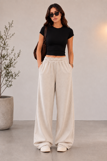 French Terry Oversized Wide-Leg Joggers (Beige)